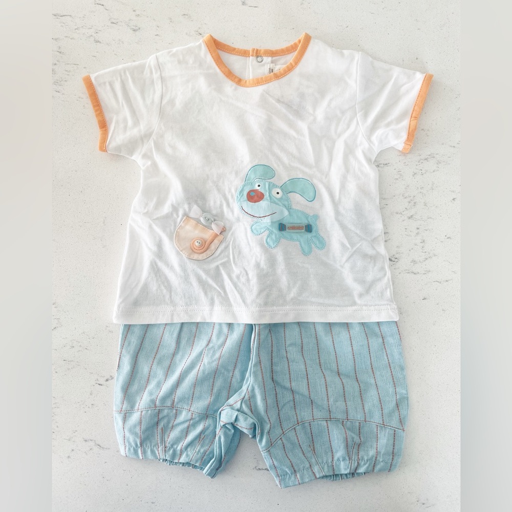 Baby Mini Par Catimini Reglisse Et Suzette Blue Dogs Fishing Tee Shorts Set 9M